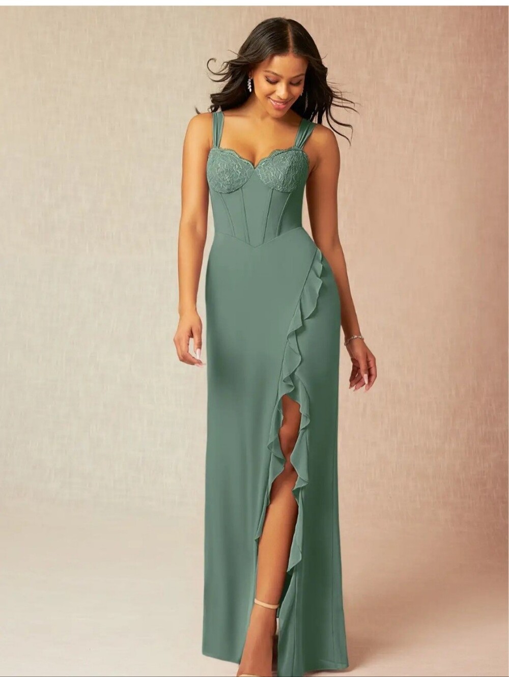 Azazie Camellia Dark Green Corset Maxi Dress womens size medium nwt